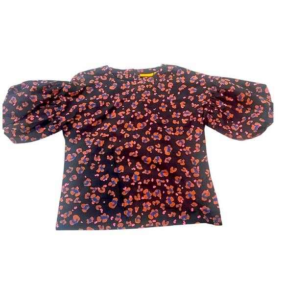 Oliphant Leopard Puff Sleeve Blouse Sz XS 100% Cotton Poplin - Picture 3 of 5